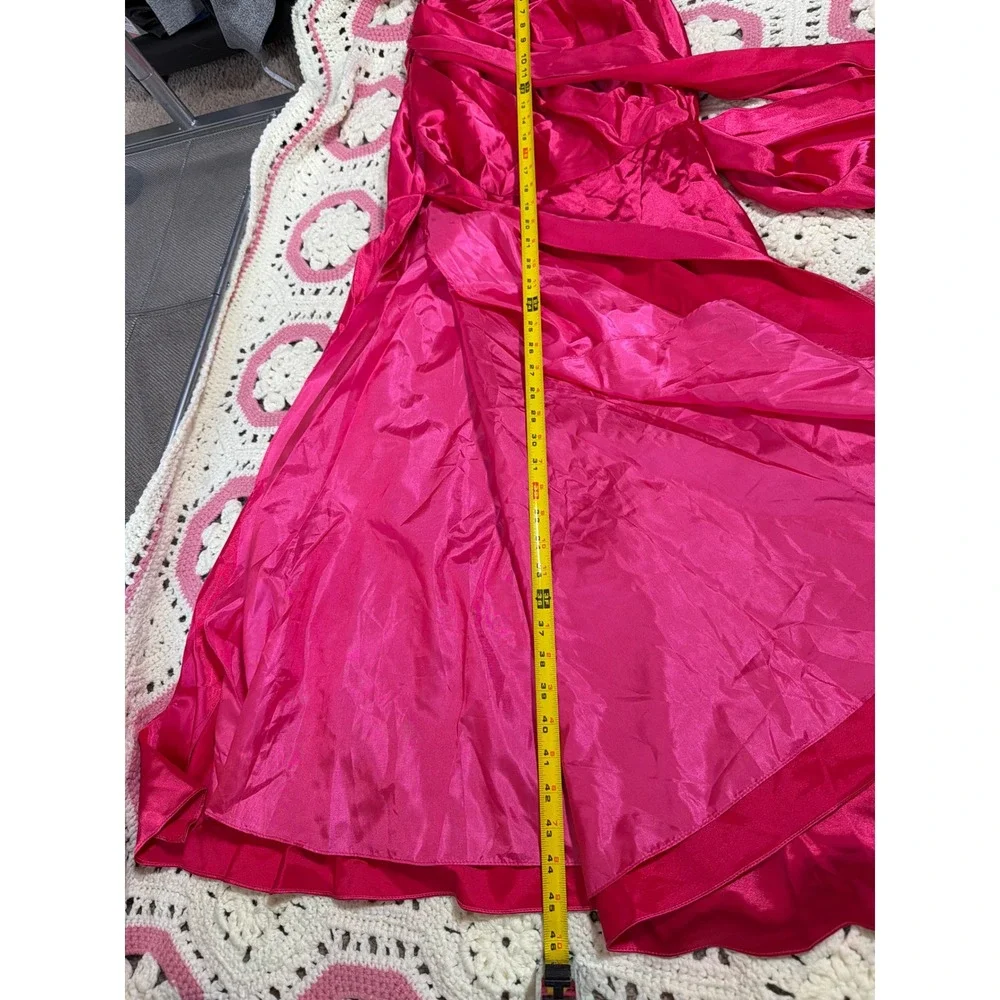 Poly USA Y2K Satin Gown | Hot Pink Beaded Halter | Prom Pageant Formal XS NWT